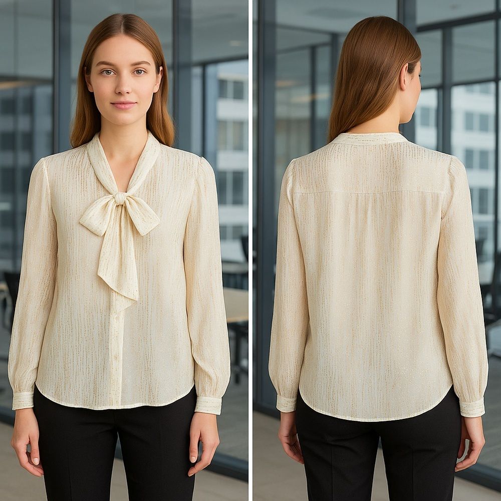 Nwt 7 For All Mankind Silk Blend Tie Neck Blouse White Gold Button Down Sz Large